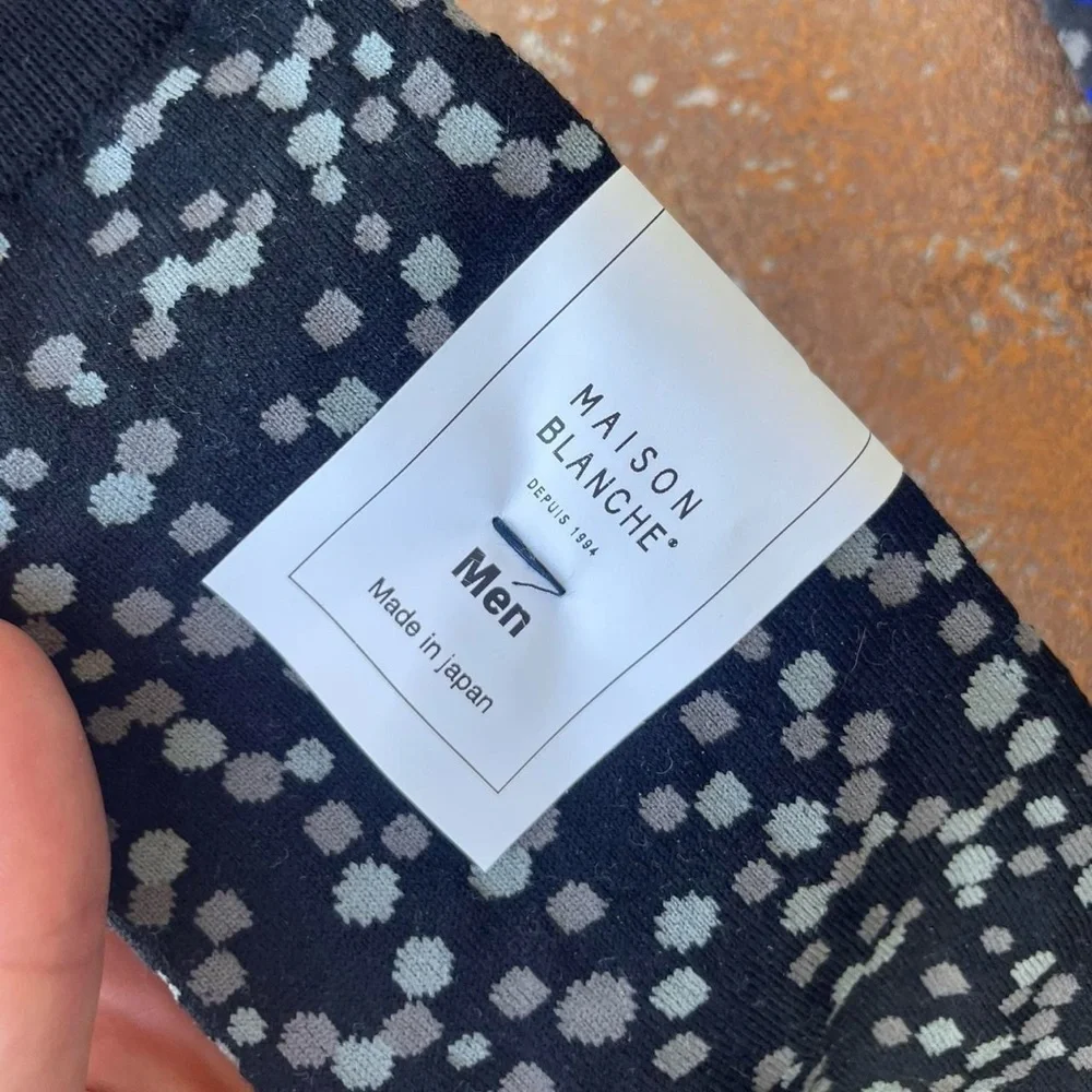 NWT Men’s MAISON BLANCHE polka dot blue and black geometric socks / sz 7-9